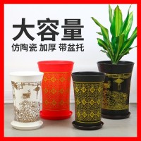 深筒塑料花盆厂家批发 仿瓷加厚高筒大号花盆 象牙白福字落地花盆